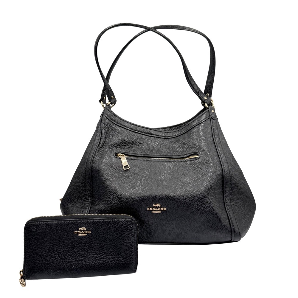 Coach Pebble Leather Hobo Bag & Wallet Set Large Black Minimalist Designer Chic